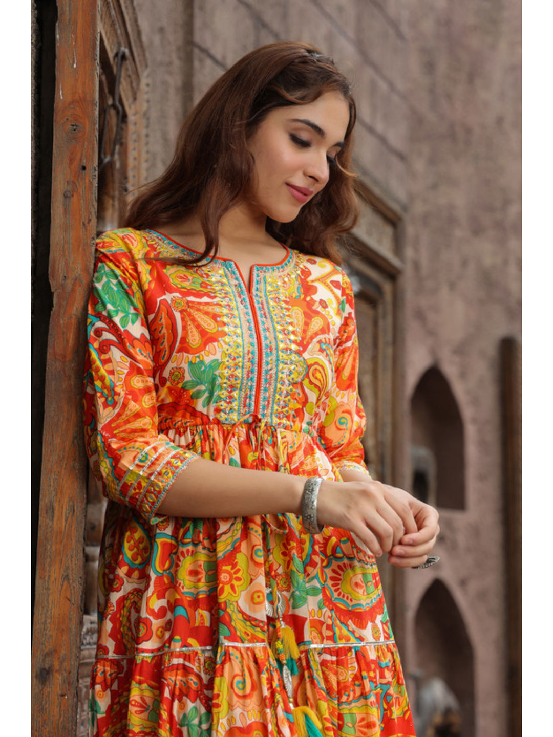 Orange Ethnic Motifs Printed Anarkali Ethnic Dress