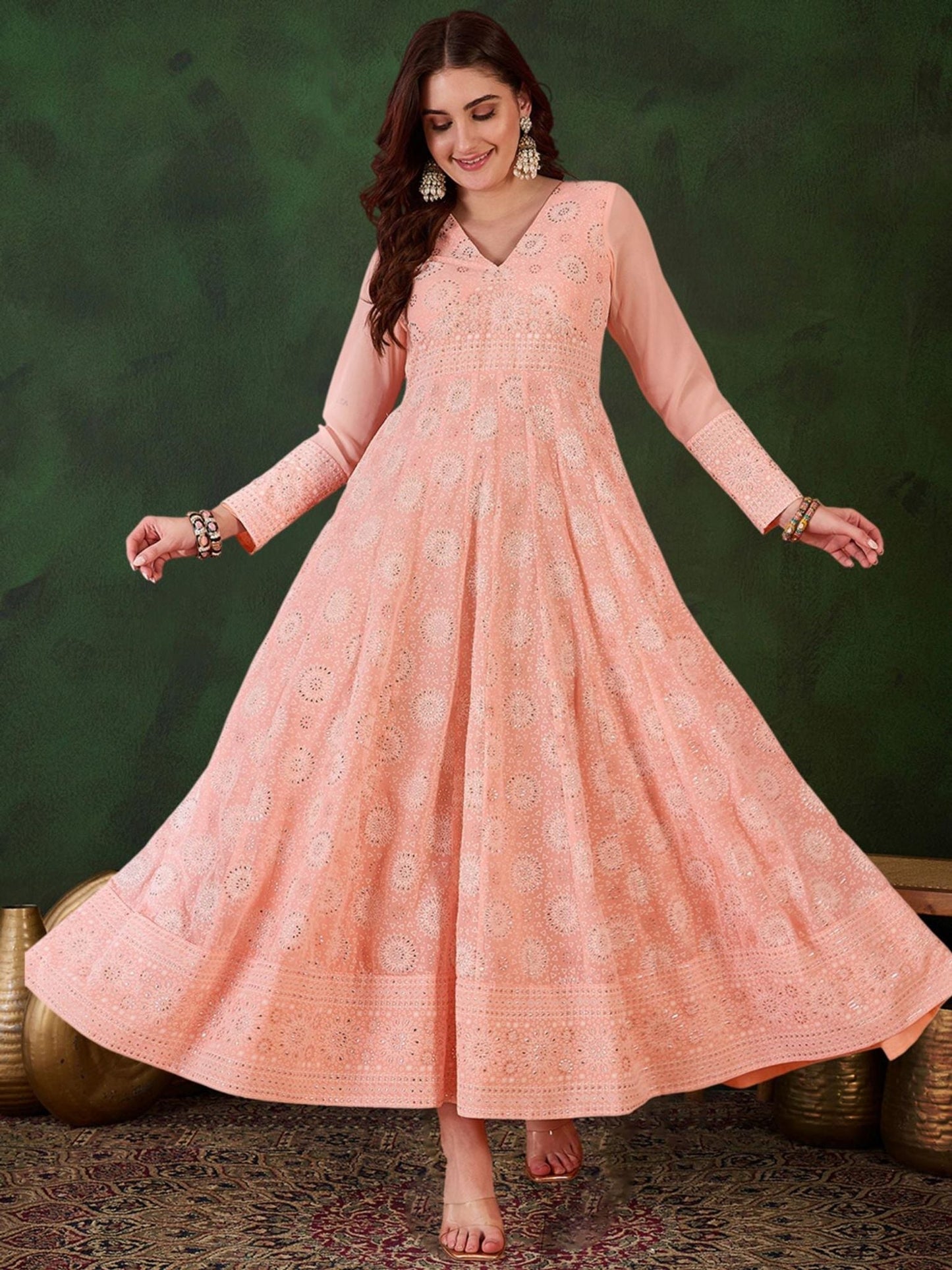 Peach Georgette Printed Flared Gown