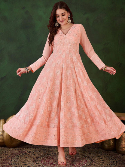 Peach Georgette Printed Flared Gown