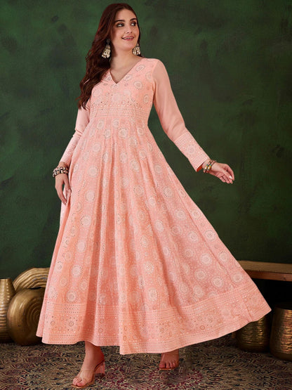 Peach Georgette Printed Flared Gown