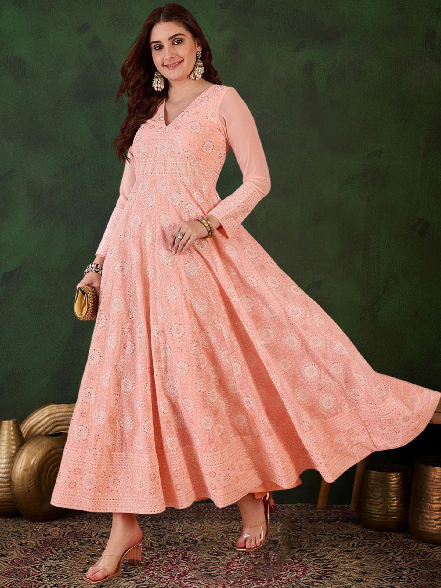 Peach Georgette Printed Flared Gown