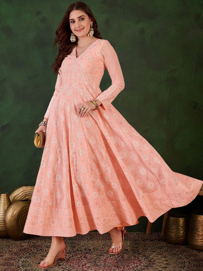 Peach Georgette Printed Flared Gown