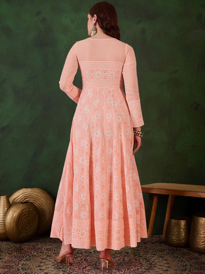 Peach Georgette Printed Flared Gown