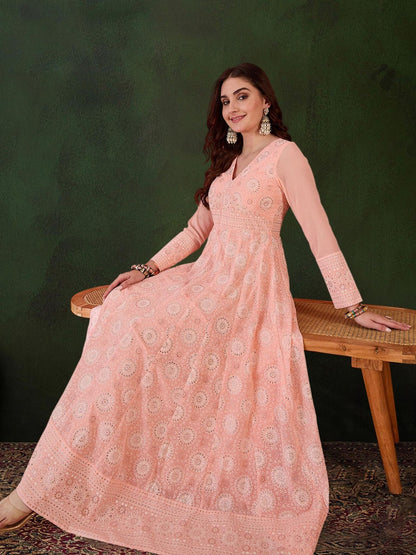 Peach Georgette Printed Flared Gown