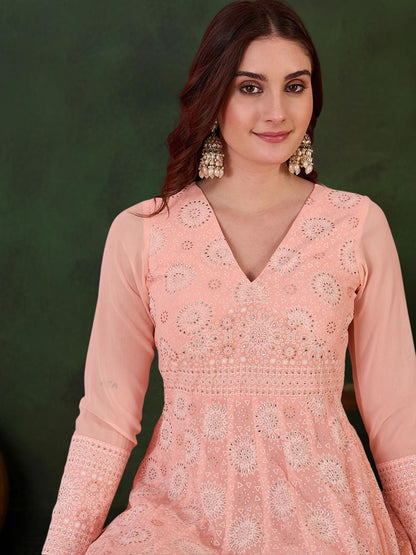 Peach Georgette Printed Flared Gown