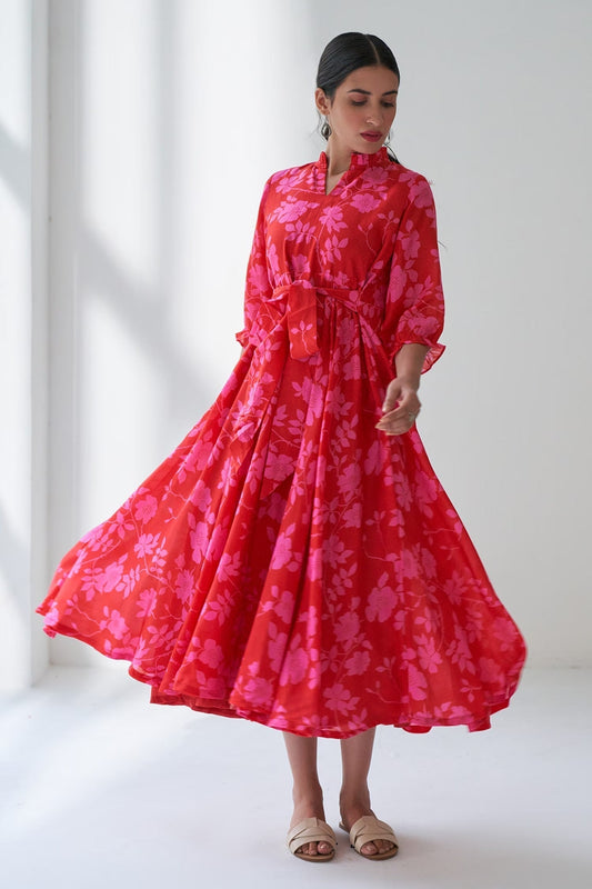 Pink Cotton Silk Floral Mandarin Collar Lovestruck Print Dress
