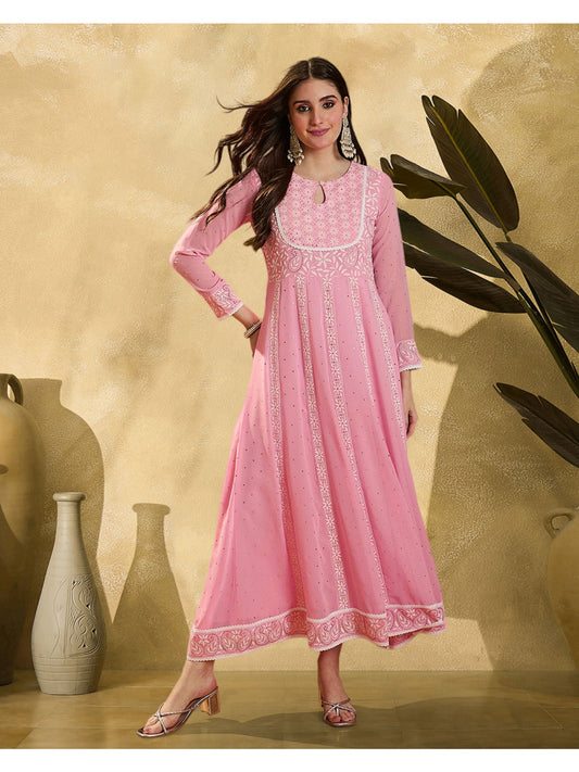 Pink Georgette Floral Embroidered Flared Gown