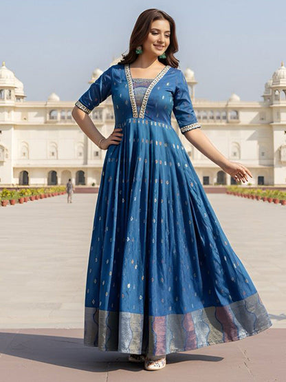 Printed Fit and Flare Gathered or Pleated Maxi Ethnic Dress