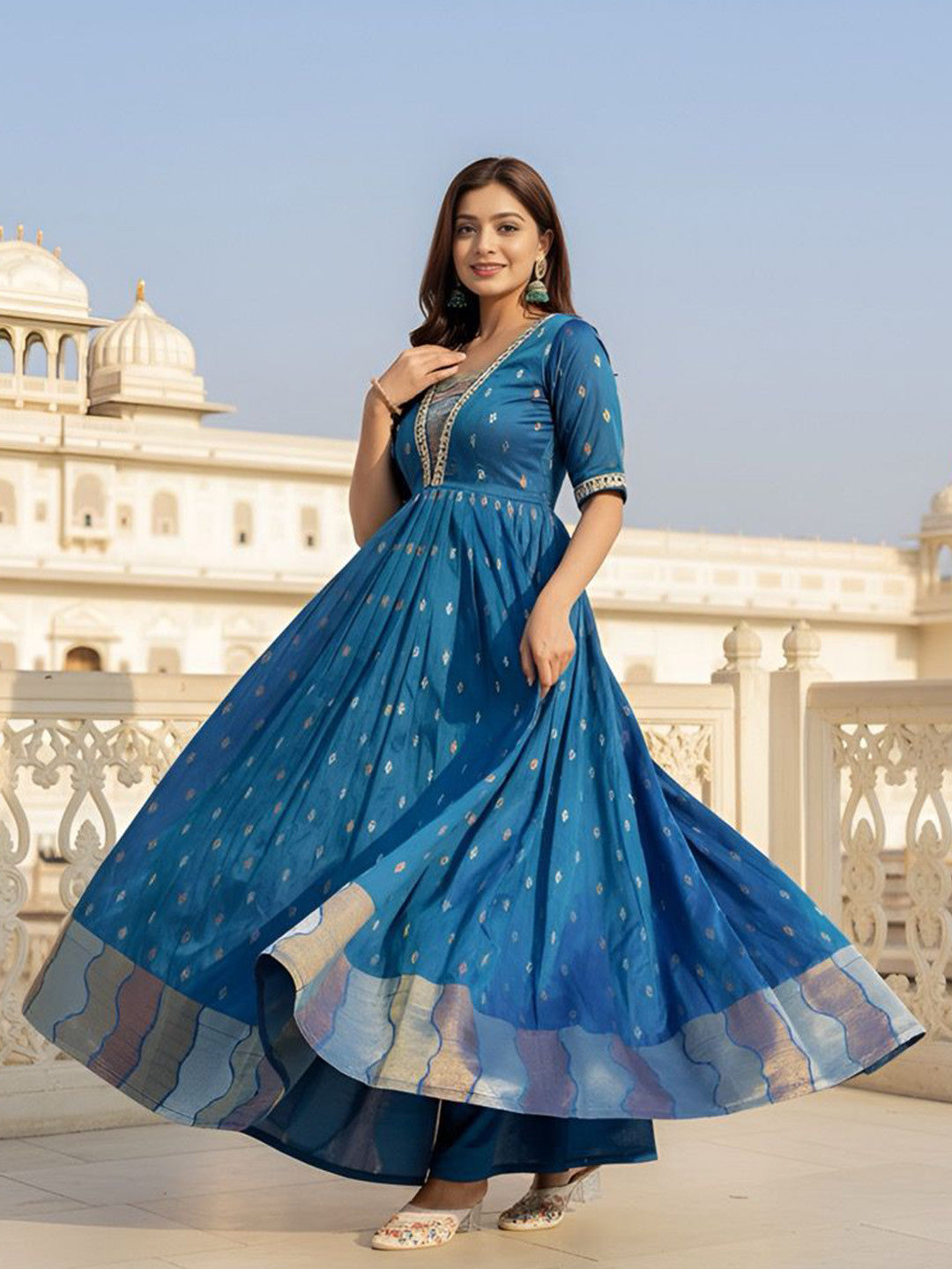 Printed Fit and Flare Gathered or Pleated Maxi Ethnic Dress