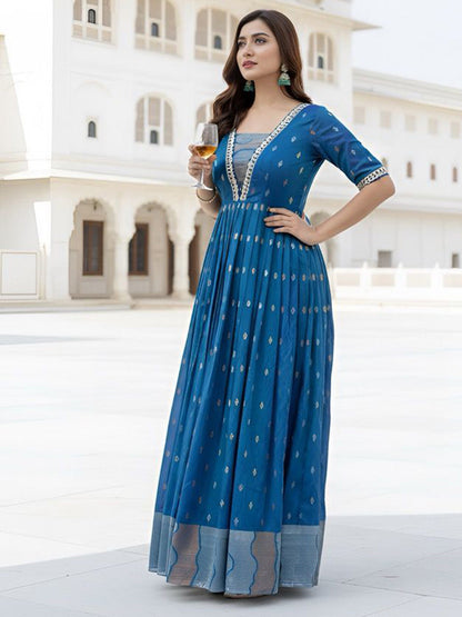 Printed Fit and Flare Gathered or Pleated Maxi Ethnic Dress