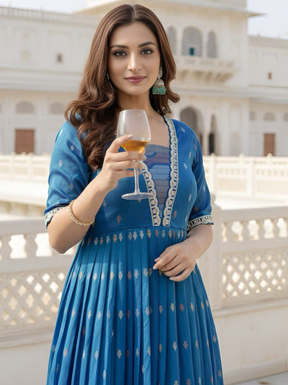 Printed Fit and Flare Gathered or Pleated Maxi Ethnic Dress