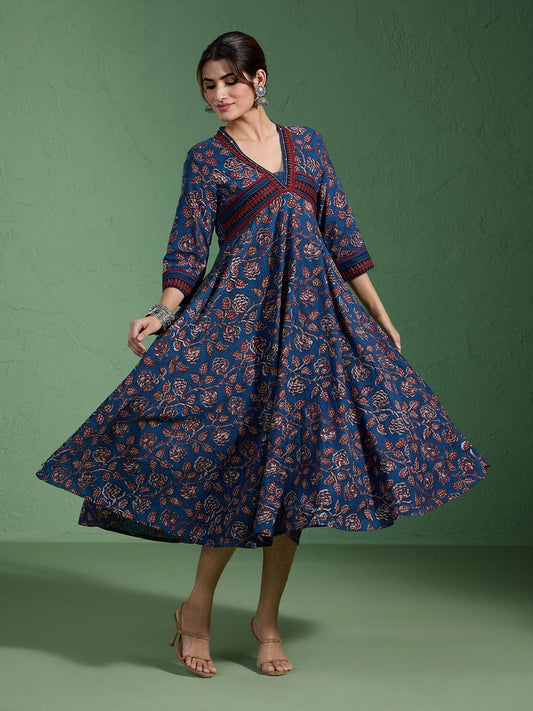 Pure Cotton Authentic Indigo Handblock Printed Alia Cut Flared Dress