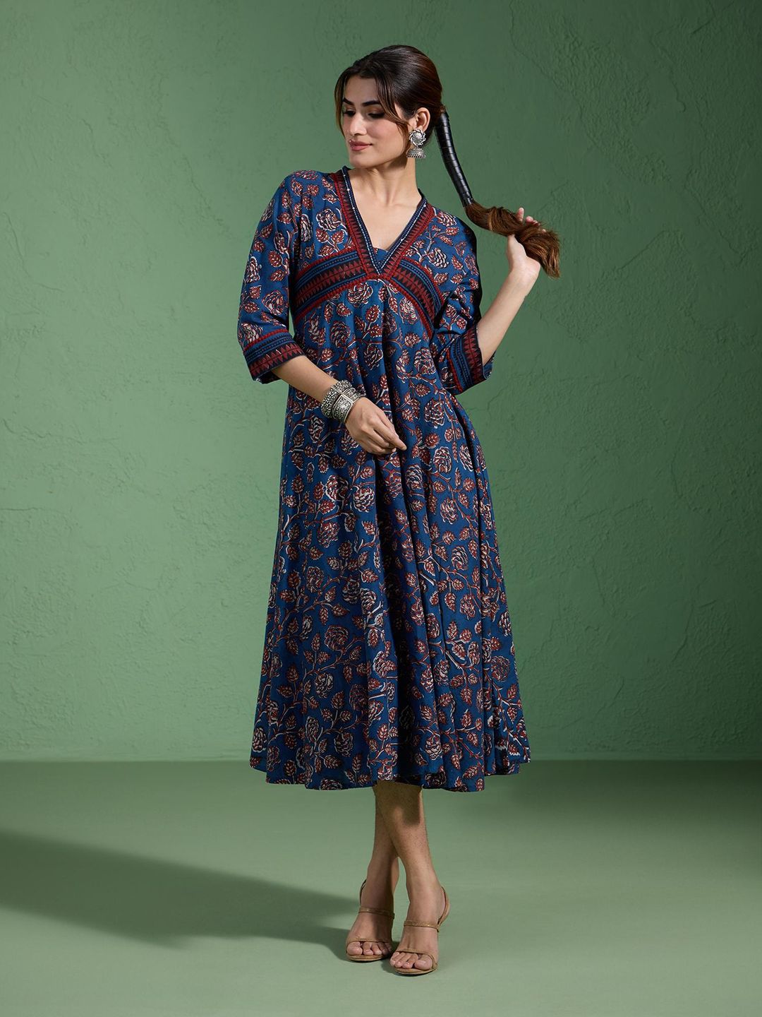 Pure Cotton Authentic Indigo Handblock Printed Alia Cut Flared Dress