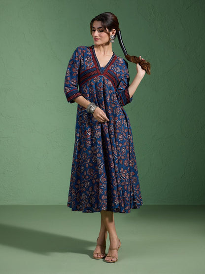 Pure Cotton Authentic Indigo Handblock Printed Alia Cut Flared Dress