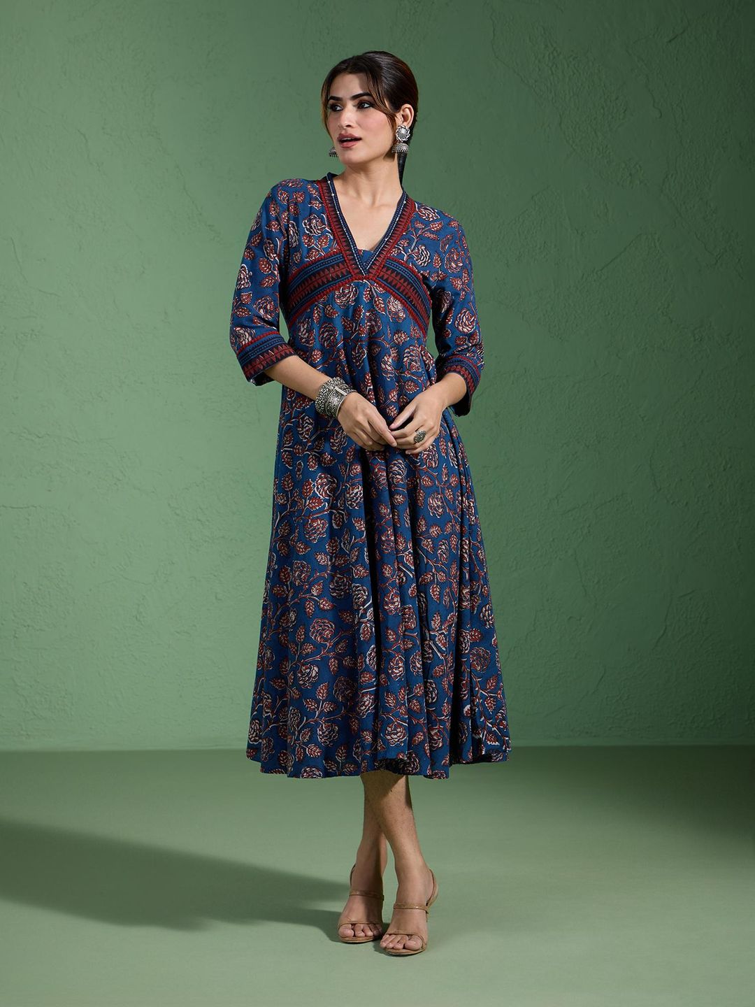 Pure Cotton Authentic Indigo Handblock Printed Alia Cut Flared Dress