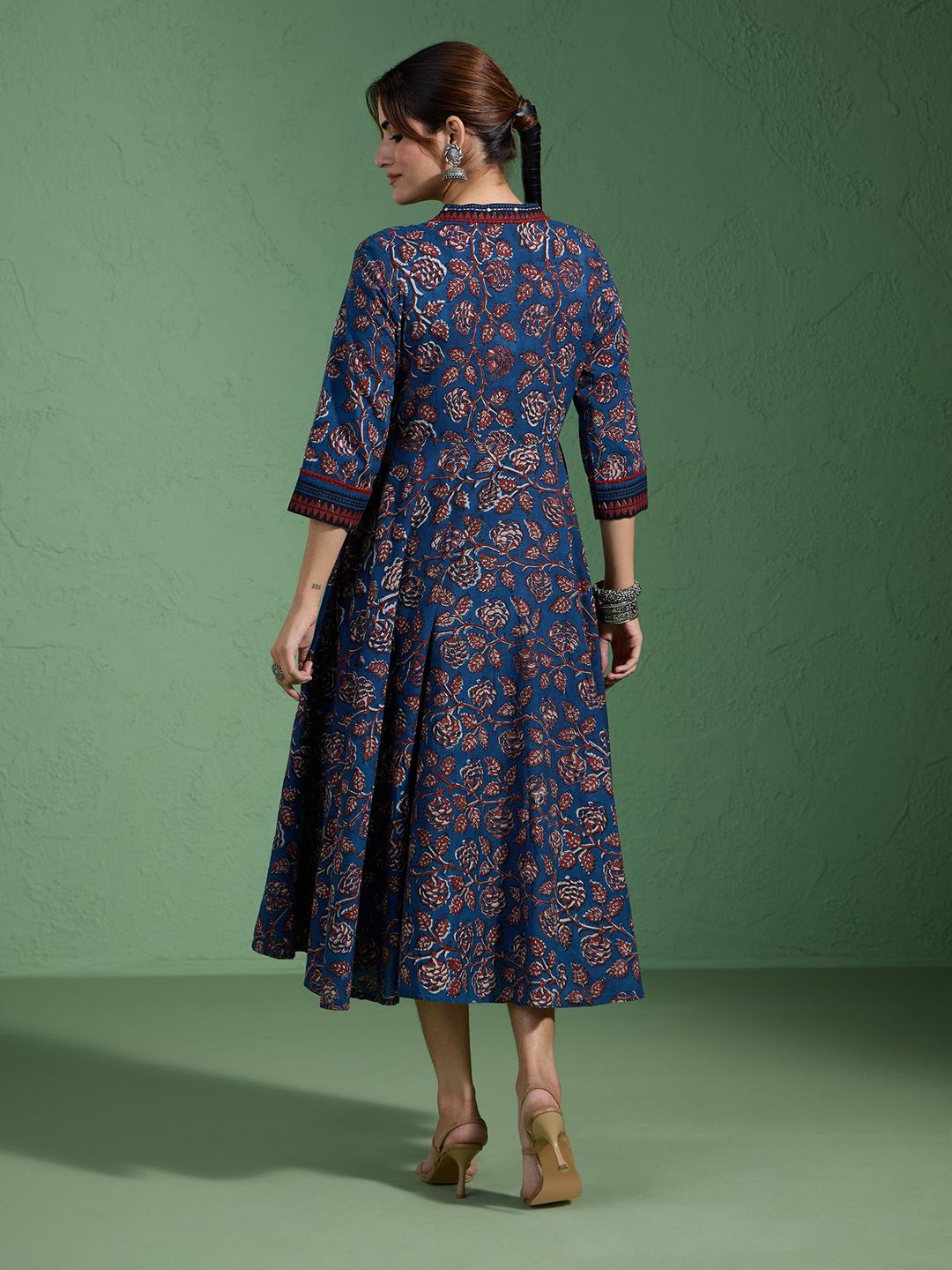 Pure Cotton Authentic Indigo Handblock Printed Alia Cut Flared Dress