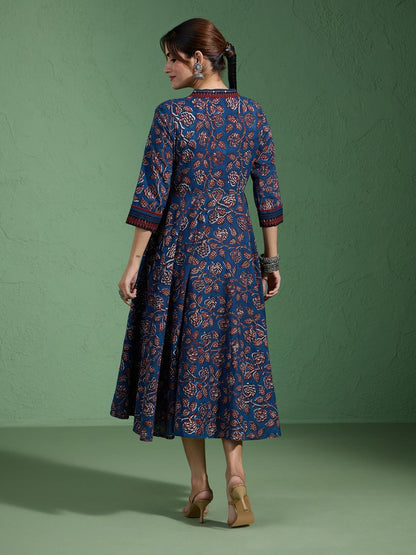 Pure Cotton Authentic Indigo Handblock Printed Alia Cut Flared Dress