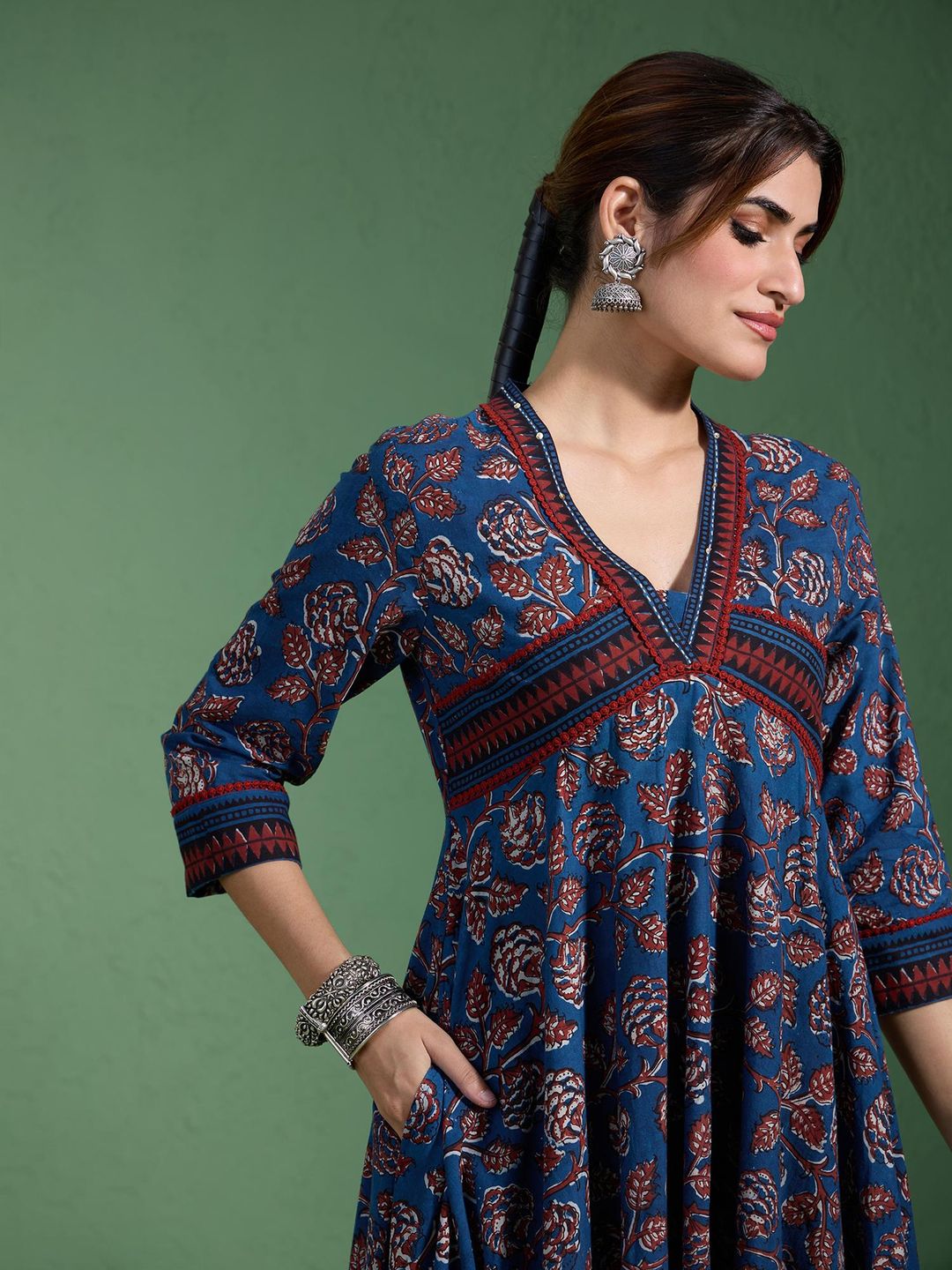 Pure Cotton Authentic Indigo Handblock Printed Alia Cut Flared Dress