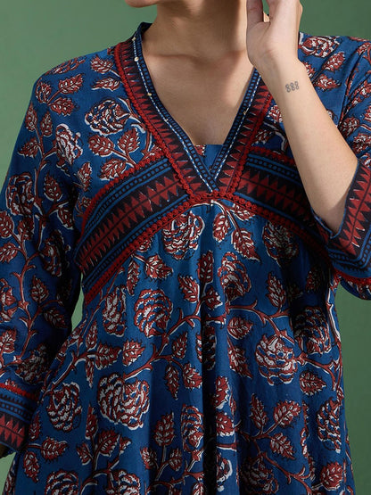 Pure Cotton Authentic Indigo Handblock Printed Alia Cut Flared Dress