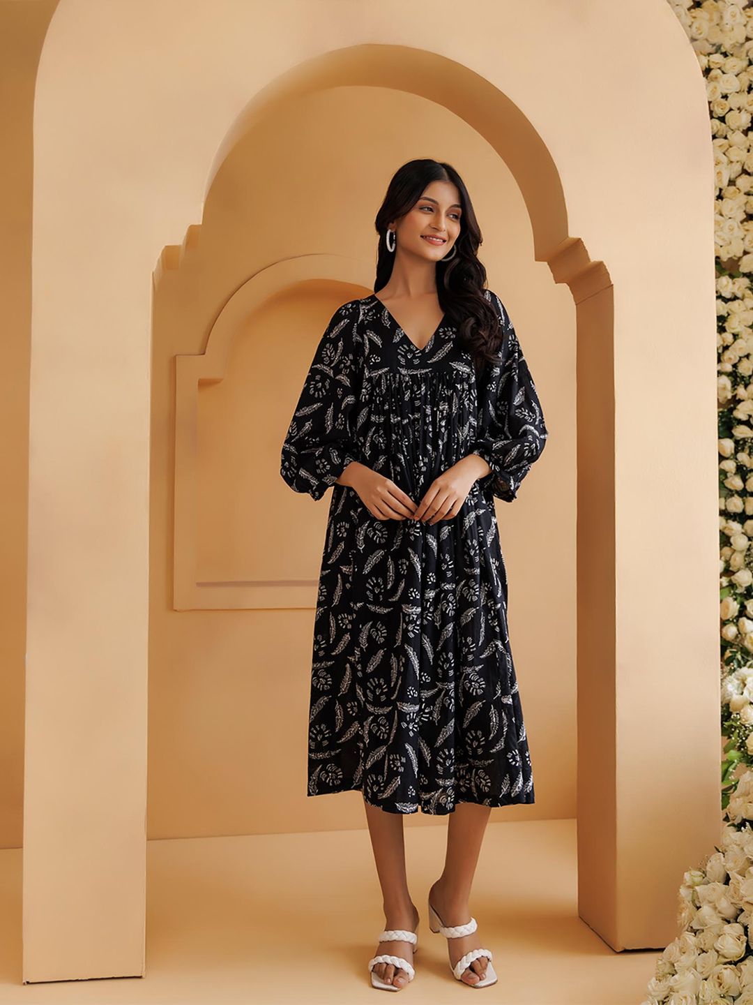 Qala Black Hand Block Printed Gathered Midi Dress