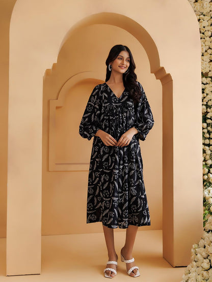 Qala Black Hand Block Printed Gathered Midi Dress