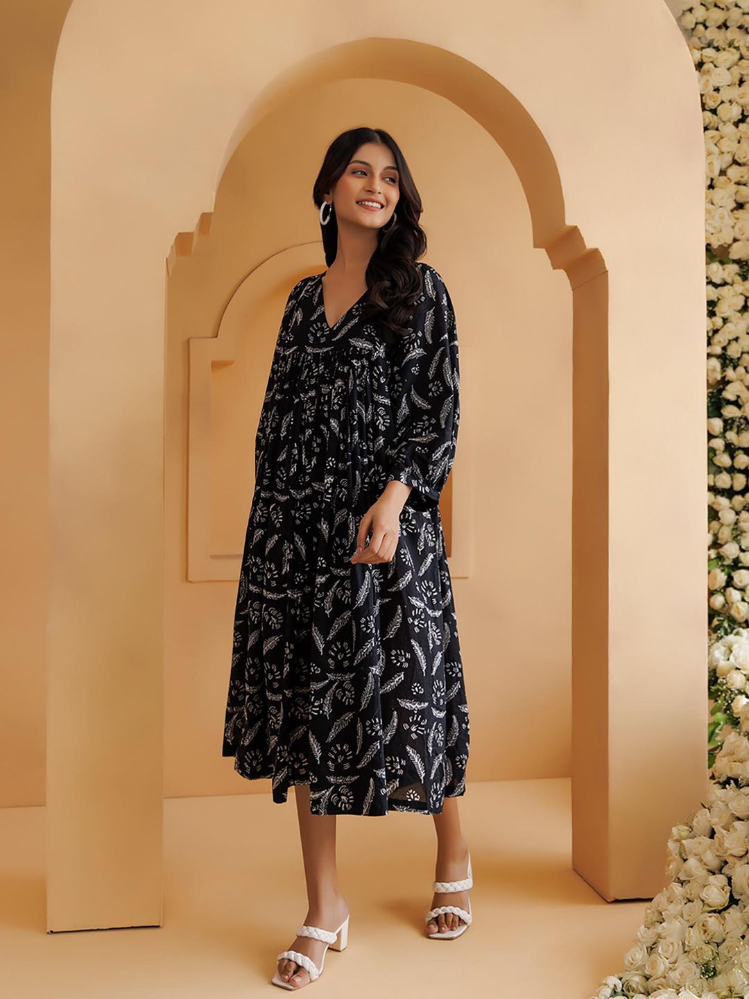 Qala Black Hand Block Printed Gathered Midi Dress