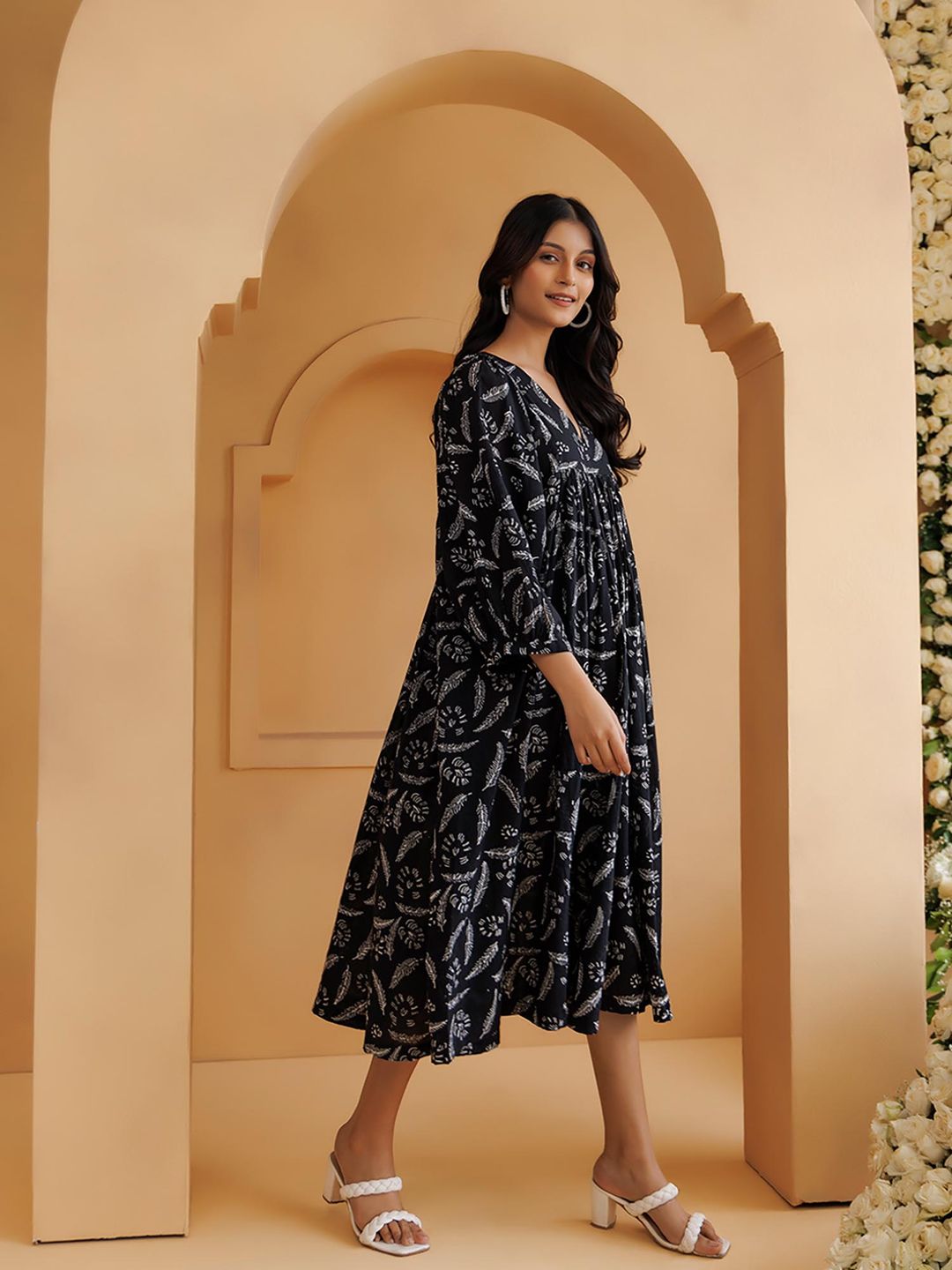 Qala Black Hand Block Printed Gathered Midi Dress