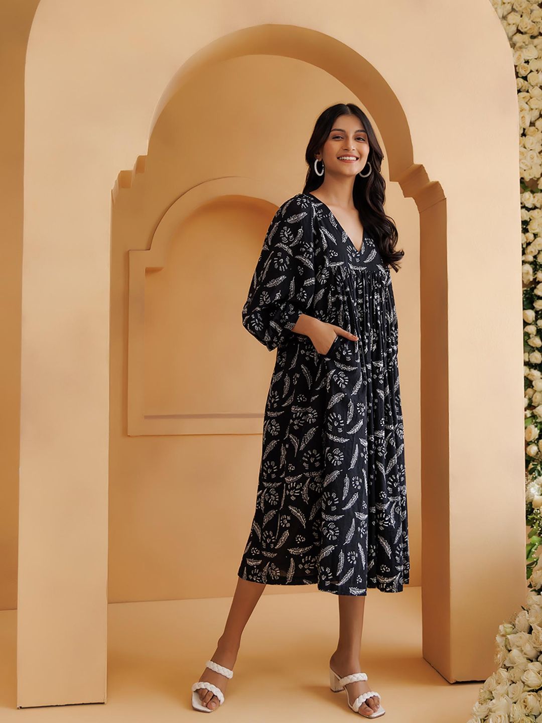 Qala Black Hand Block Printed Gathered Midi Dress