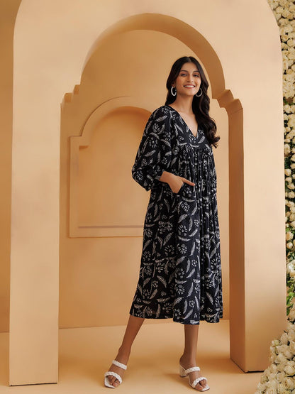 Qala Black Hand Block Printed Gathered Midi Dress