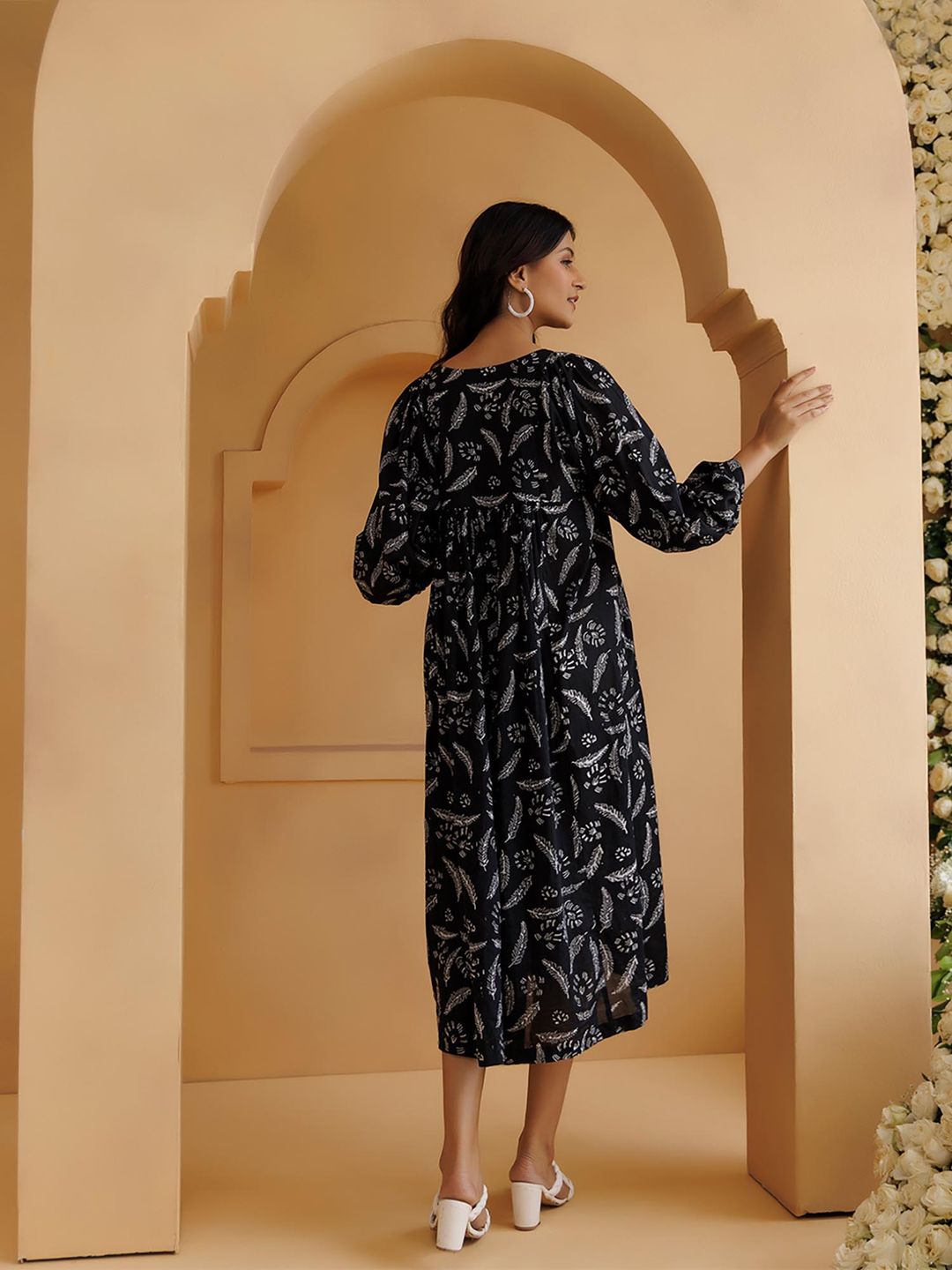 Qala Black Hand Block Printed Gathered Midi Dress