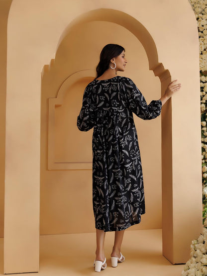Qala Black Hand Block Printed Gathered Midi Dress