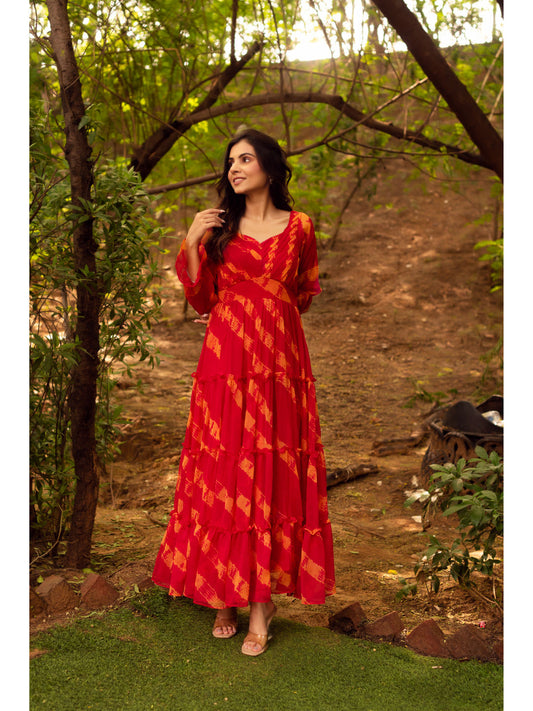 Red and Orange Chiffon Printed Maxi Dress