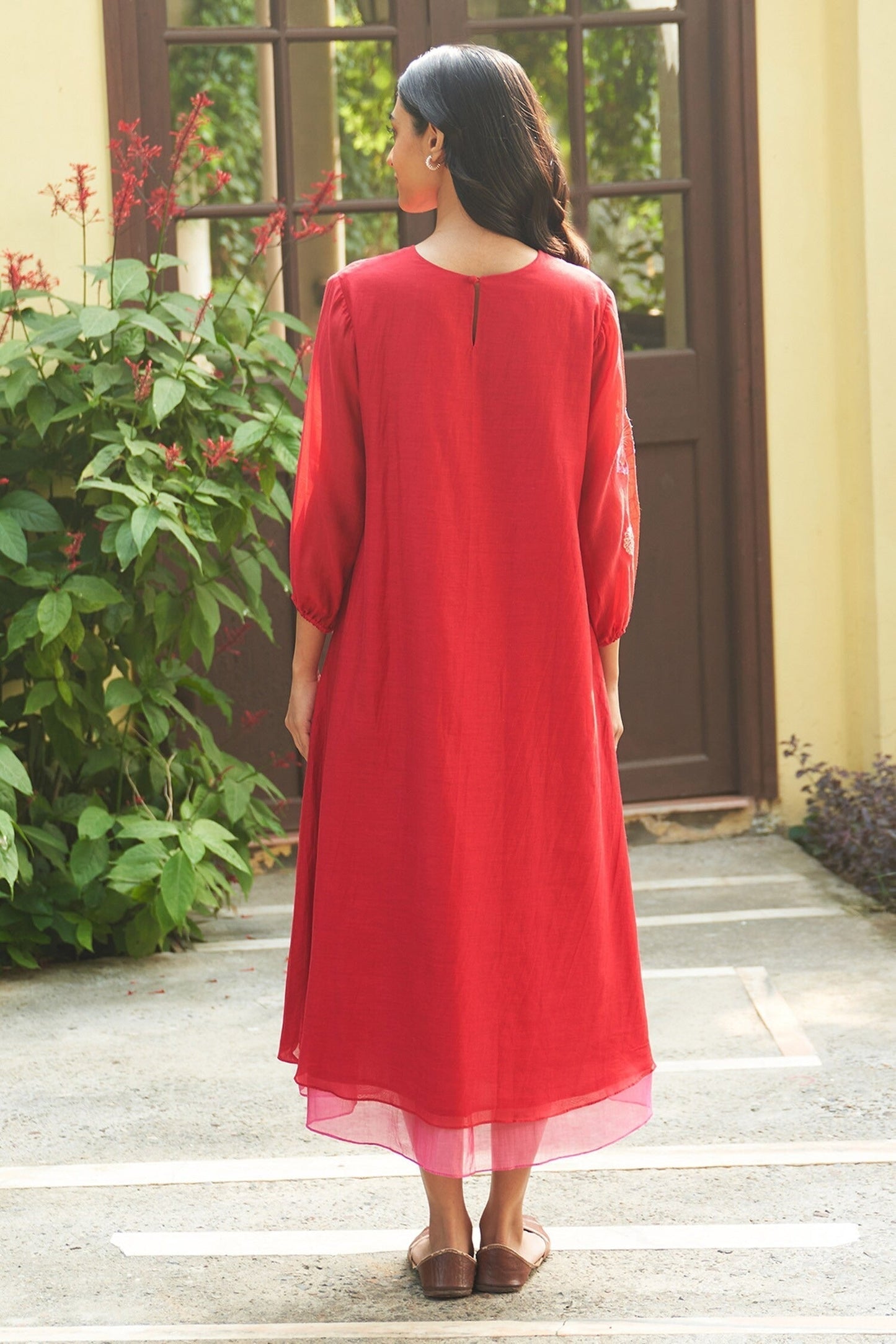 Red Cotton Embroidery Round Neck Floral Applique Midi Dress