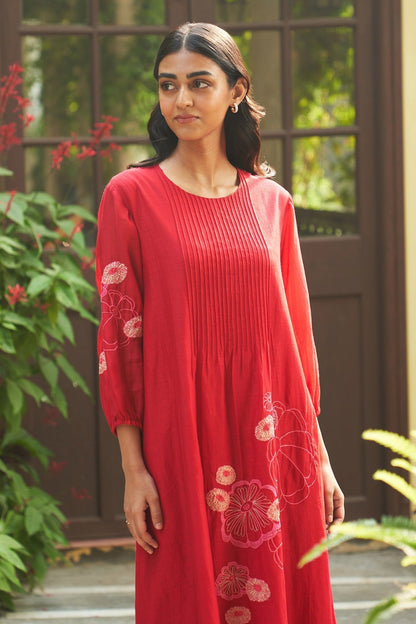 Red Cotton Embroidery Round Neck Floral Applique Midi Dress