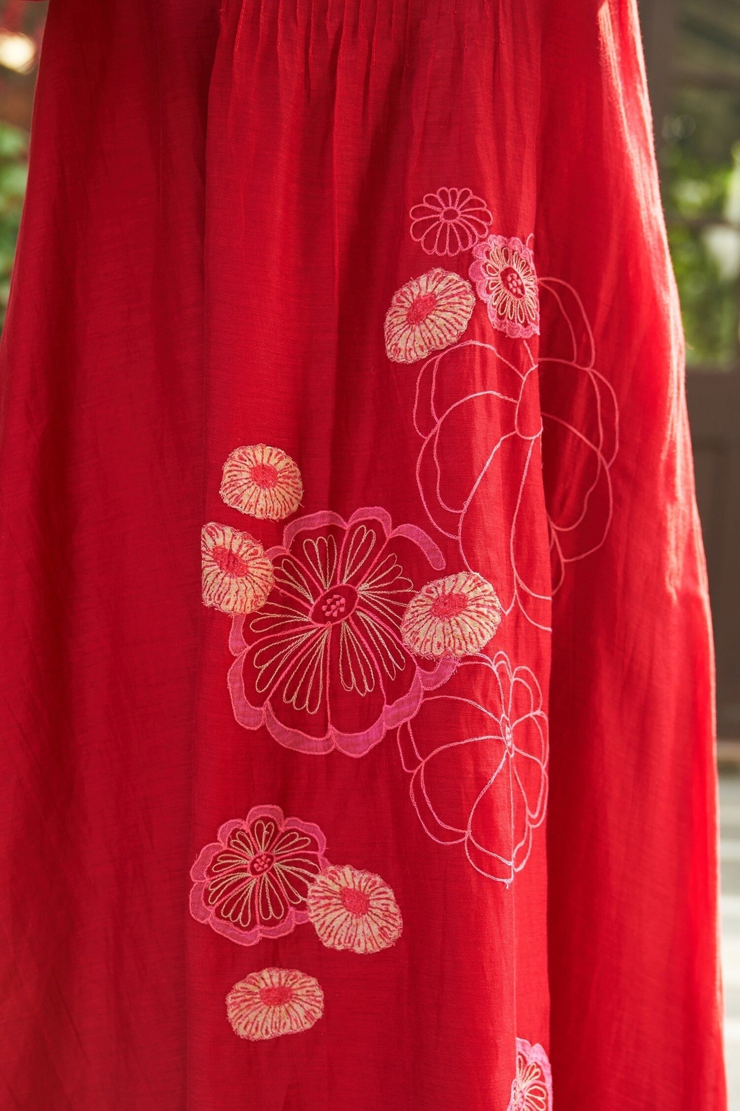 Red Cotton Embroidery Round Neck Floral Applique Midi Dress