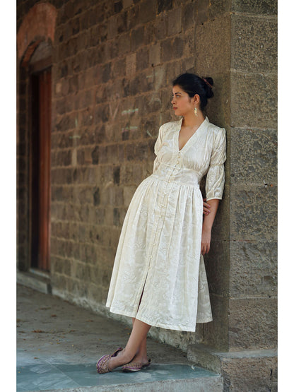 Safed Dried Magnolia Ivory Block Printed Dress