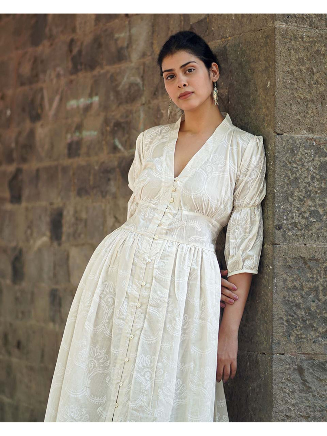 Safed Dried Magnolia Ivory Block Printed Dress