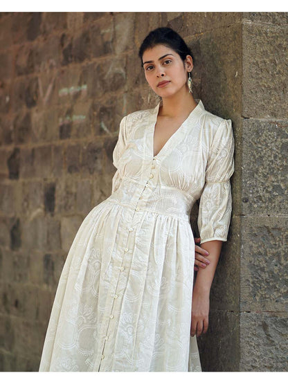 Safed Dried Magnolia Ivory Block Printed Dress