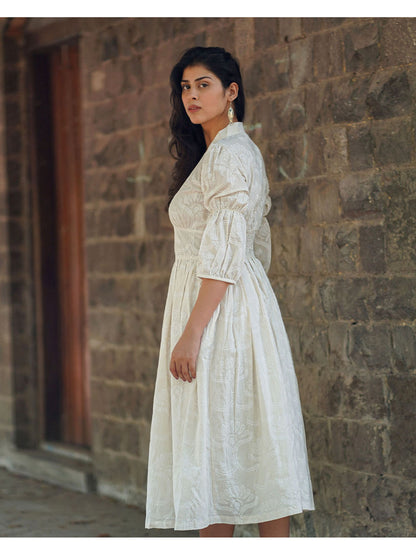 Safed Dried Magnolia Ivory Block Printed Dress