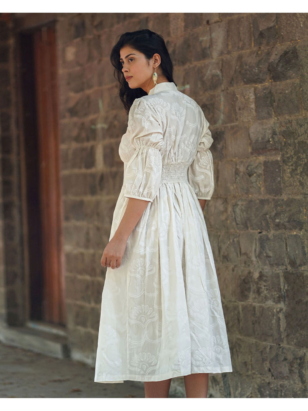 Safed Dried Magnolia Ivory Block Printed Dress