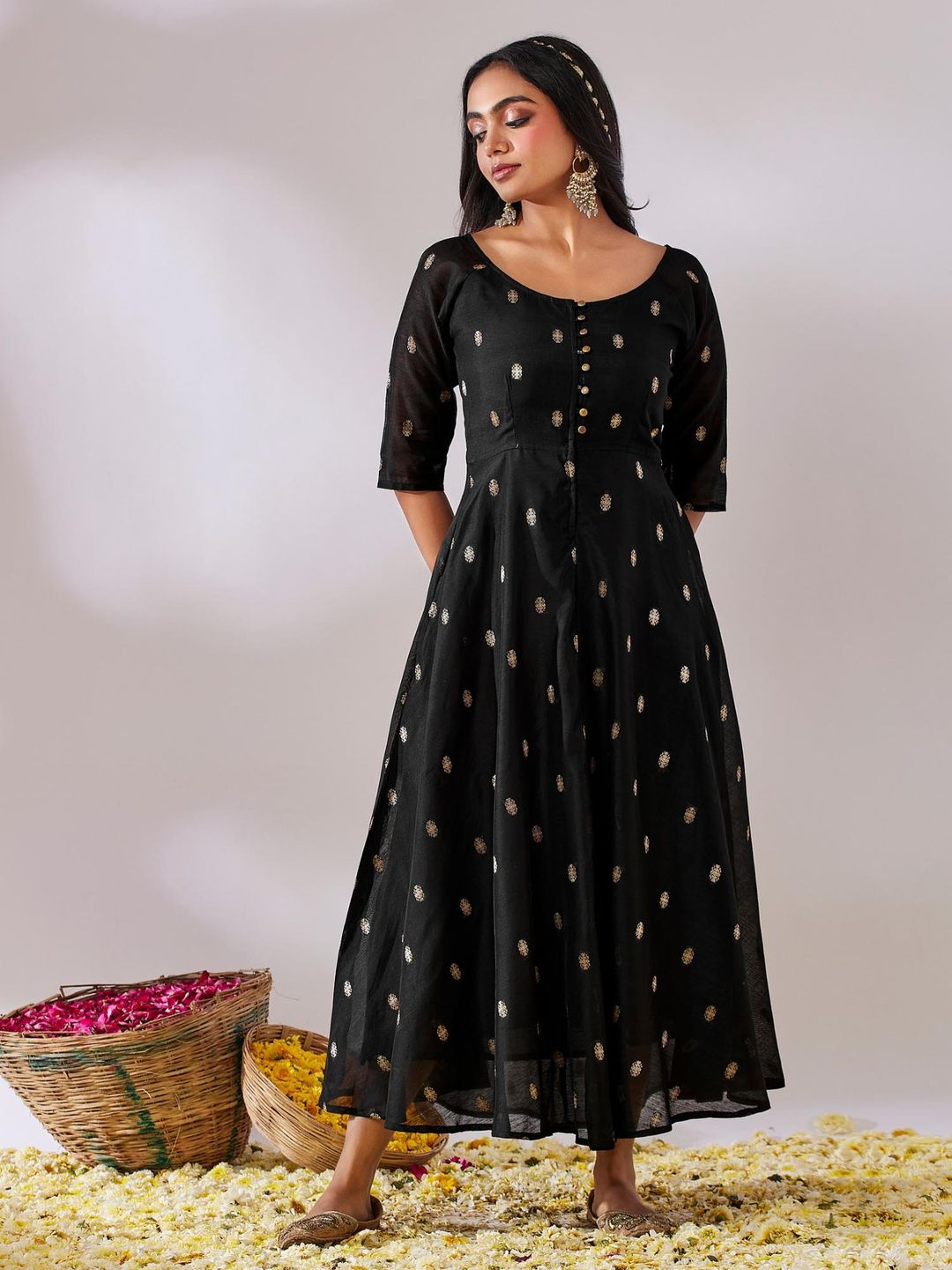 Tulsi Black Banarasi Fit & Flare Maxi Dress
