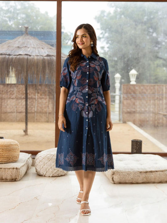 Viva Azure Embroidery Cotton Midi Dress