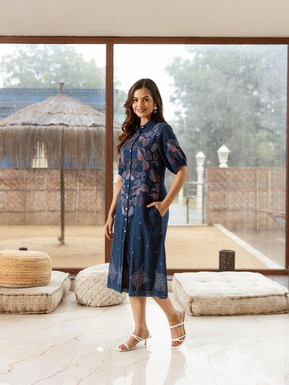 Viva Azure Embroidery Cotton Midi Dress