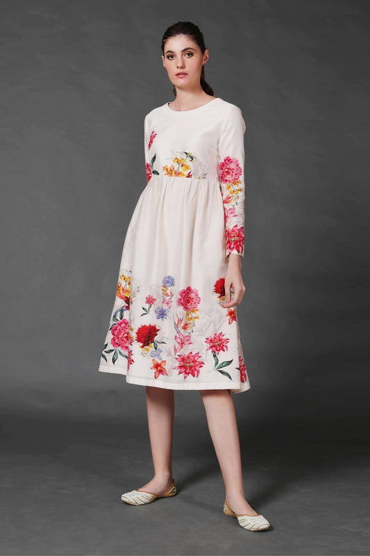 White Chanderi Floral Round Print Dress