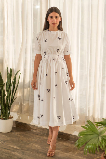White Cotton Round Neck Floral Print Dress