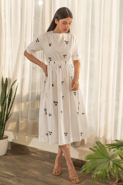 White Cotton Round Neck Floral Print Dress