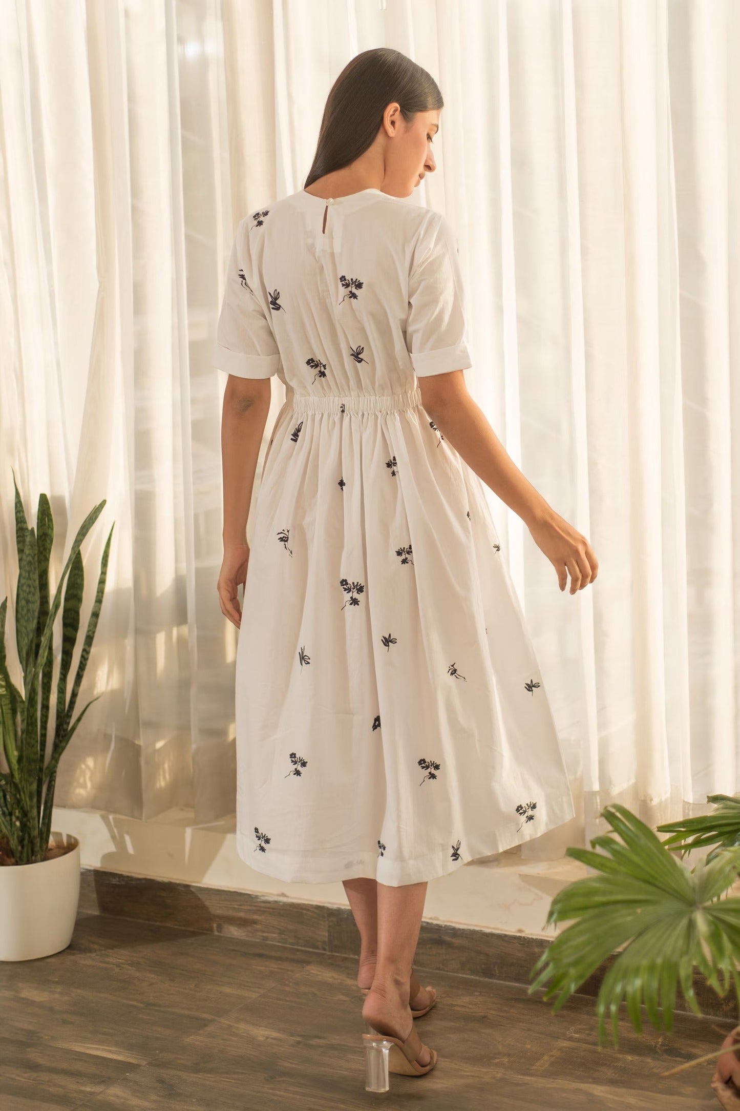 White Cotton Round Neck Floral Print Dress