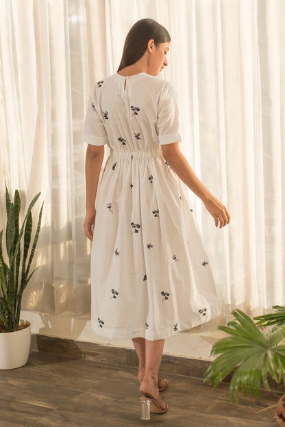 White Cotton Round Neck Floral Print Dress