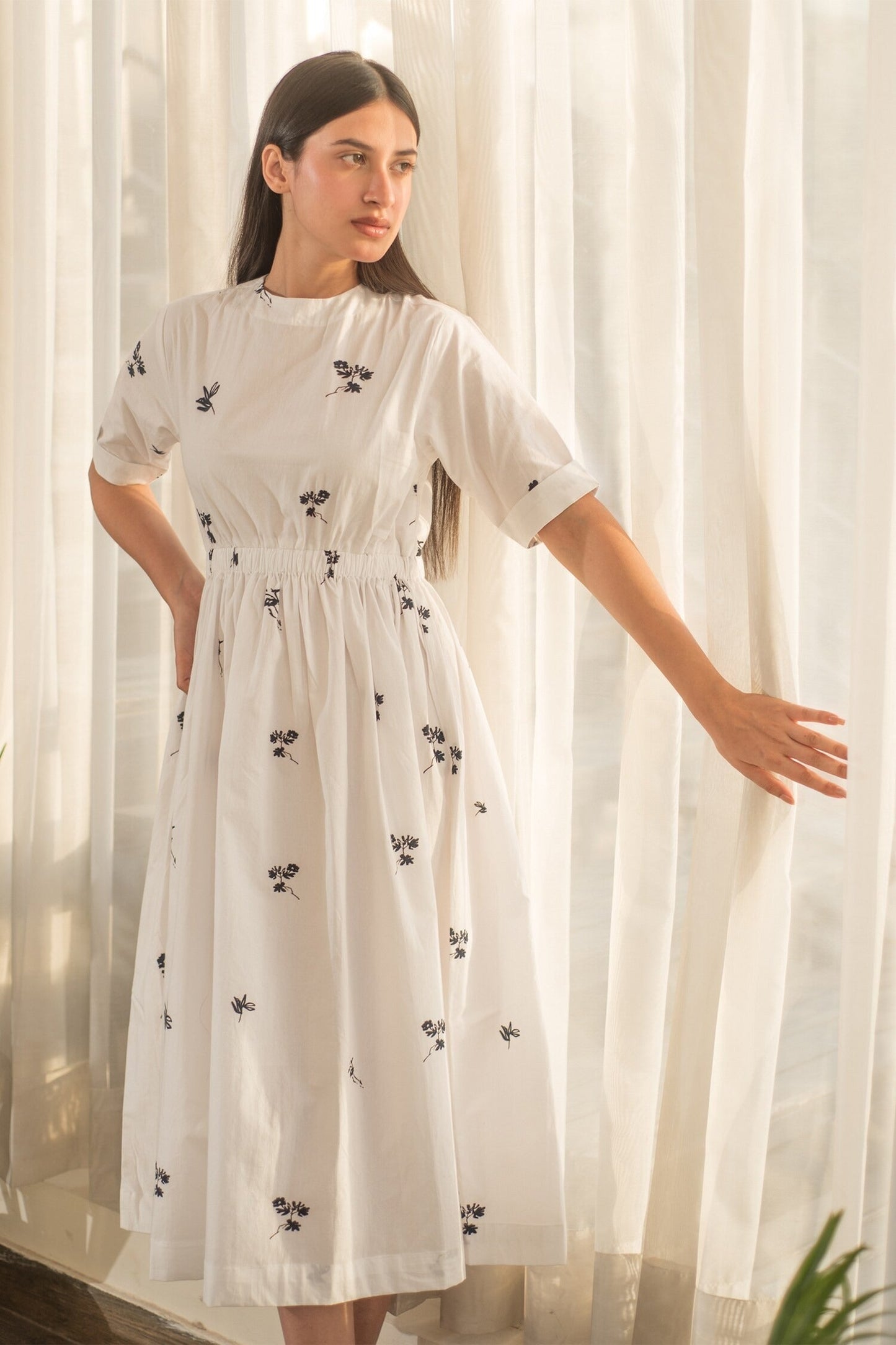White Cotton Round Neck Floral Print Dress