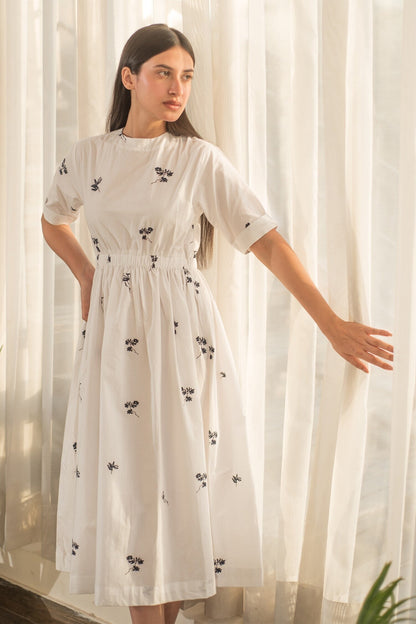 White Cotton Round Neck Floral Print Dress